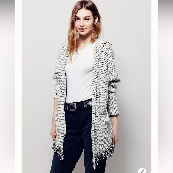 Free People Love Me Tender open Cardigan light blue fringe bottom hoodie Sz M - Picture 1 of 13
